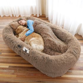 Washable Faux Fur Human & Dog Bed (Color: Khaki, Size: 6XL(71"L x 45"W x 12"Th))
